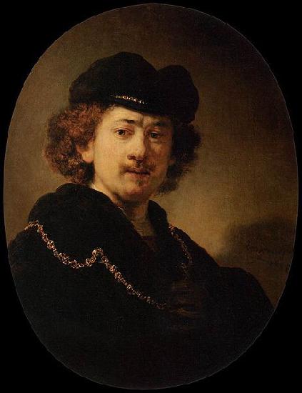 REMBRANDT Harmenszoon van Rijn Self-portrait Wearing a Toque and a Gold Chain oil painting picture
